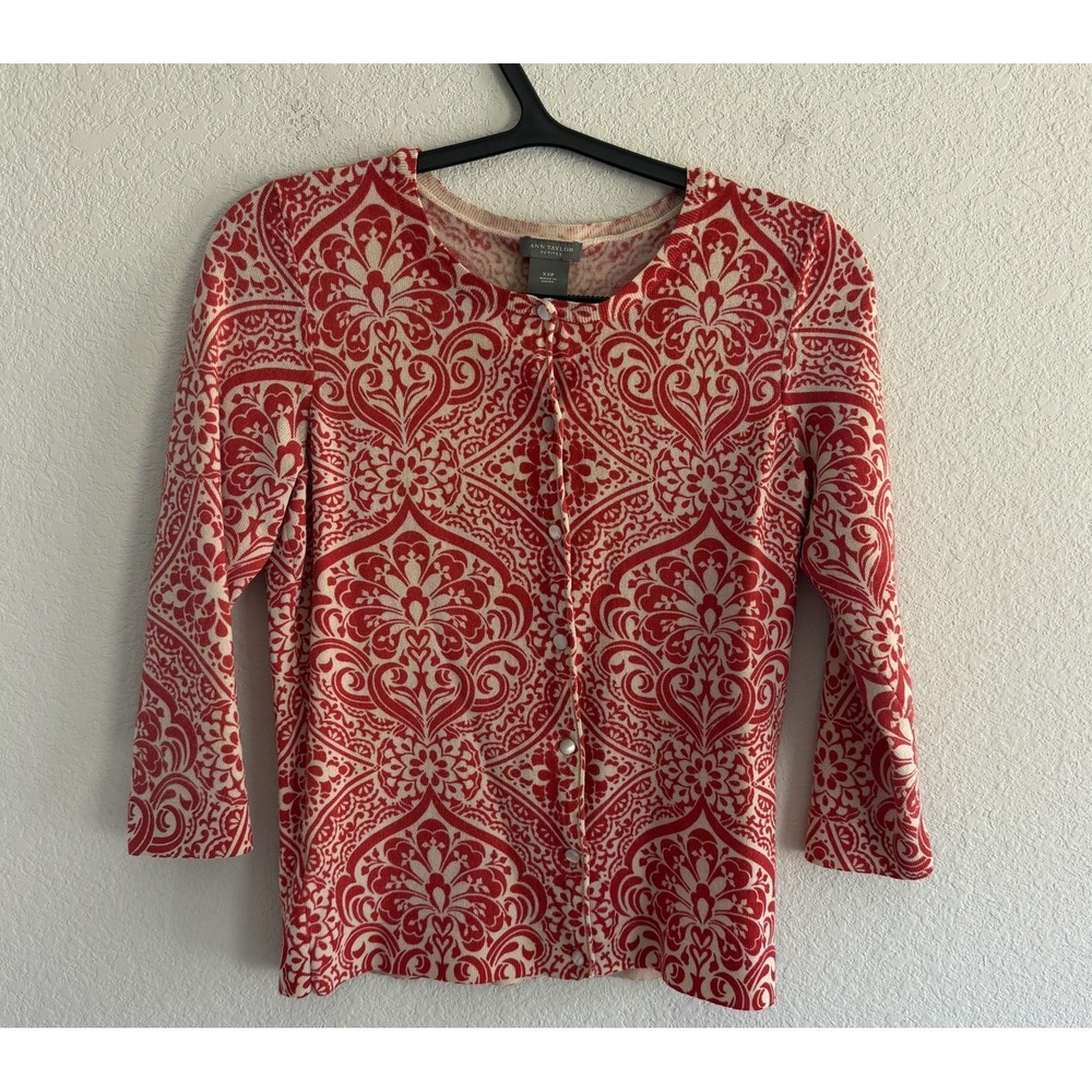Ann Taylor Merino Wool Stretch Cardigan Sweater Damask Mirror Image XS Petite